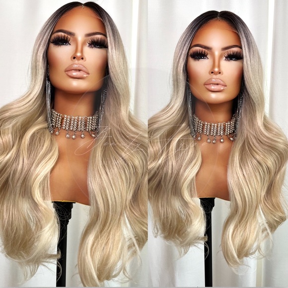 HD Transparent Lace Front Loose Curl Blonde Dark Root Ombre Long Wig - Picture 3 of 11